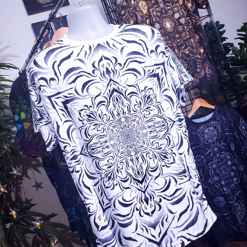 Tibetan Ornament White AOP Crew - Yantrat Design