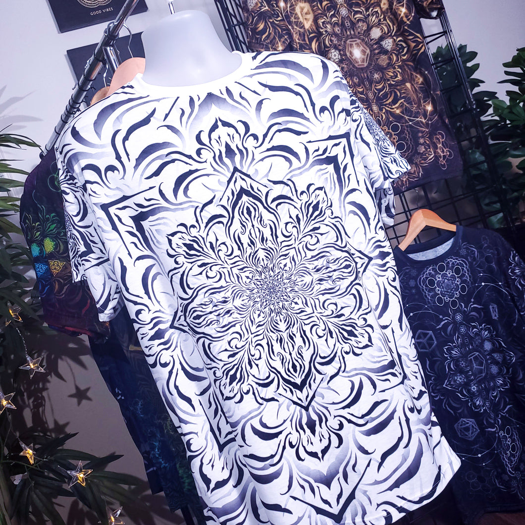 Tibetan Ornament White AOP Crew - Yantrat Design